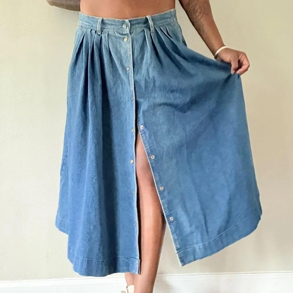 Vintage Women's Denim Midi Skirt Size 12 Button Front Pleated A-Line Cotton